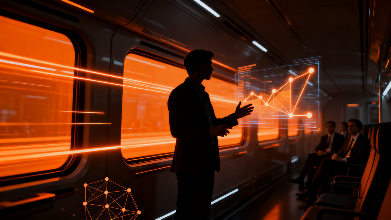 Startups presentando sus modelos de negocio ante inversores en un tren, representando el networking y la inversión en el ecosistema emprendedor.