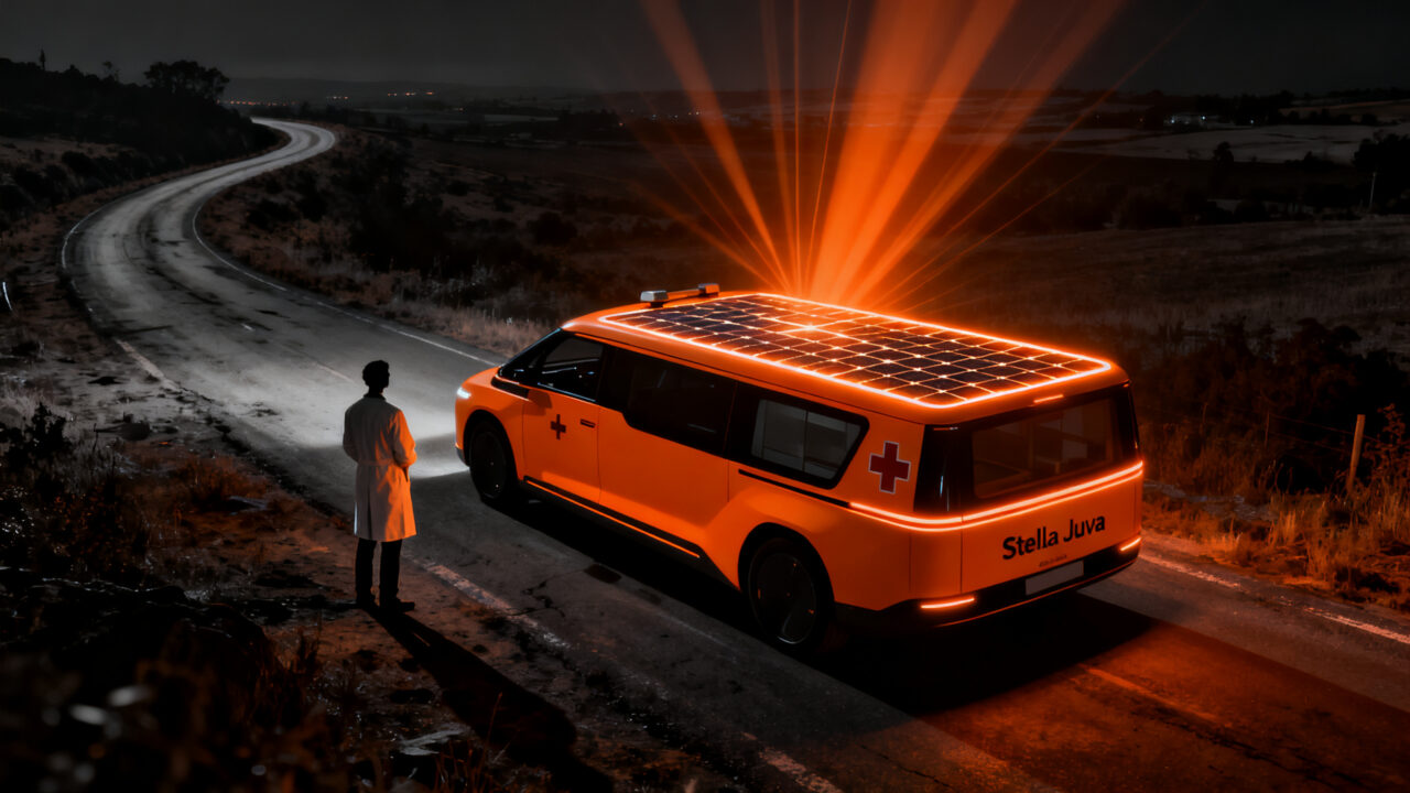 Ambulancia solar Stella Juva recorriendo un paisaje rural, simbolizando la innovación sanitaria en la España vaciada.