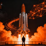 Cohete reutilizable Nova de Stoke Space despegando en una misión espacial, simbolizando la competencia en la industria aeroespacial tras nueva ronda de inversión.
