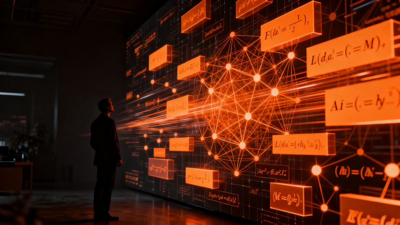 Matemático observando cómo una inteligencia artificial resuelve problemas complejos, representando el impacto de la IA en la investigación científica.