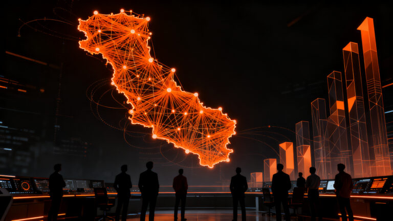 Líderes tecnológicos y gubernamentales analizando una red de infraestructura digital en el Summit País Digital 2026.