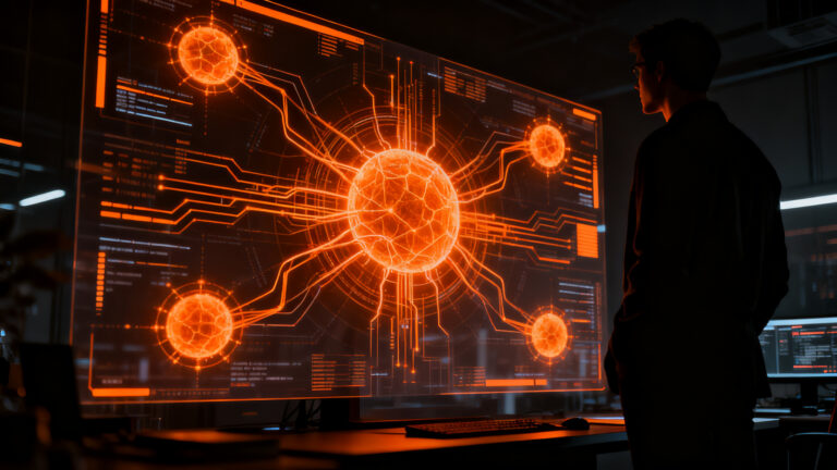 Supervisión y observabilidad de agentes de IA en el entorno empresarial, representando el control y la seguridad tecnológica.