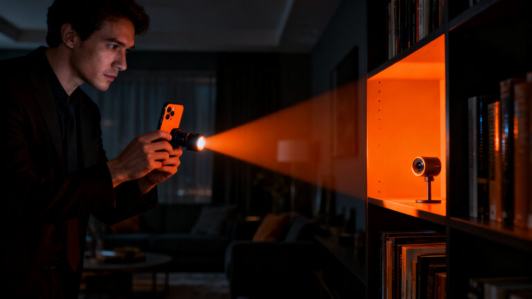 Tecnología SweepLED detectando cámaras ocultas para proteger la privacidad en alojamientos y espacios privados.