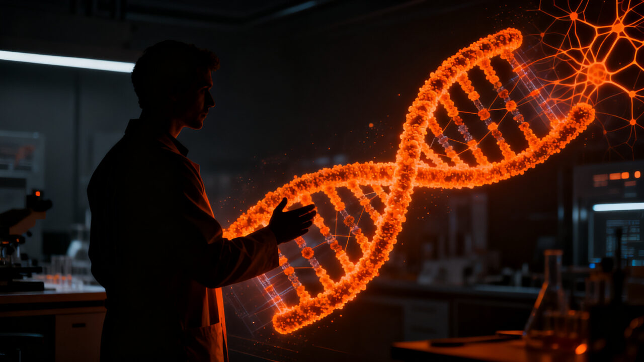 Investigador analizando estructuras de ADN sintético con tecnología SynthID Bio de Google DeepMind en un laboratorio futurista.