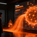 Joven profesional colombiano interactuando con redes de inteligencia artificial, representando la formación en IA y la reducción del desempleo juvenil en Colombia.