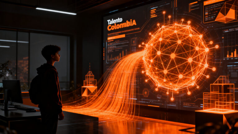 Joven profesional colombiano interactuando con redes de inteligencia artificial, representando la formación en IA y la reducción del desempleo juvenil en Colombia.