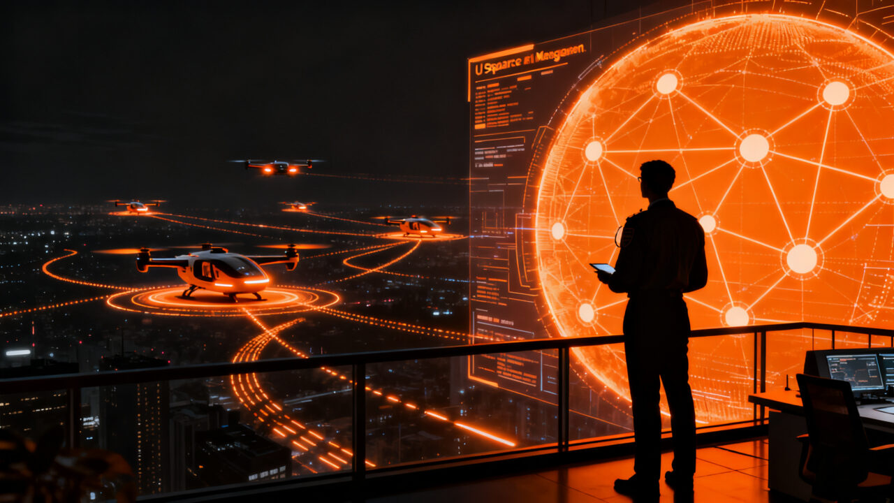 Controlador aéreo humano frente a una interfaz de inteligencia artificial gestionando taxis aéreos eVTOL en un entorno urbano futurista.
