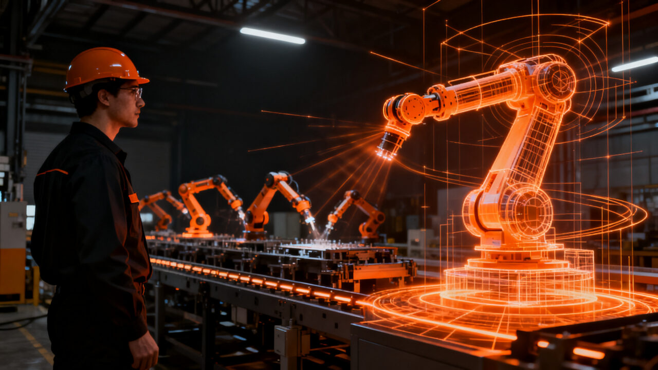 Profesional analizando gemelos digitales y robótica colaborativa en la industria automatizada de Alicante.