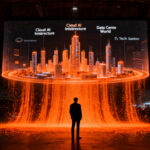 Fachada futurista del Tech Show Madrid 2026 en IFEMA, rodeada de flujos de datos e inteligencia artificial en tonos naranja y negro.