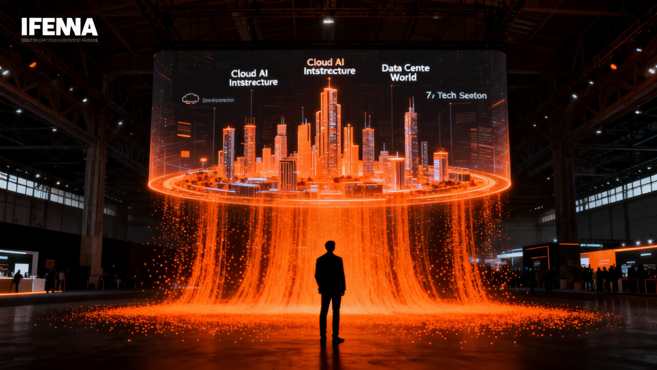 Fachada futurista del Tech Show Madrid 2026 en IFEMA, rodeada de flujos de datos e inteligencia artificial en tonos naranja y negro.