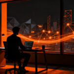 Profesional trabajando en un entorno híbrido moderno, simbolizando la retención de talento y el impacto del teletrabajo en startups españolas.