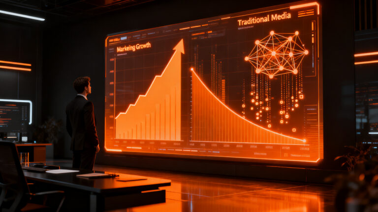 Gráfico conceptual del mercado laboral con el crecimiento de marketing frente a la caída del periodismo ante la IA.