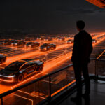 Silueta de un emprendedor observando una flota de vehículos autónomos robotaxi Tesla Cybercab en una ciudad futurista.