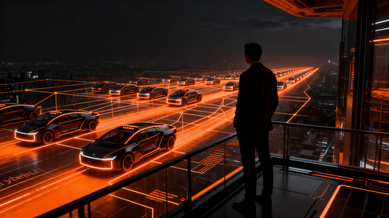 Silueta de un emprendedor observando una flota de vehículos autónomos robotaxi Tesla Cybercab en una ciudad futurista.