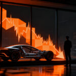 Caída de acciones de Tesla tras la presentación del Cybercab en Wall Street, simbolizando la incertidumbre del mercado.