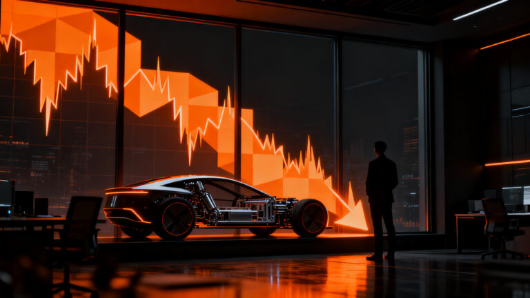 Caída de acciones de Tesla tras la presentación del Cybercab en Wall Street, simbolizando la incertidumbre del mercado.