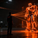 Trabajador industrial frente a un robot humanoide Optimus de Tesla, simbolizando el conflicto laboral y la automatización en la industria tecnológica.