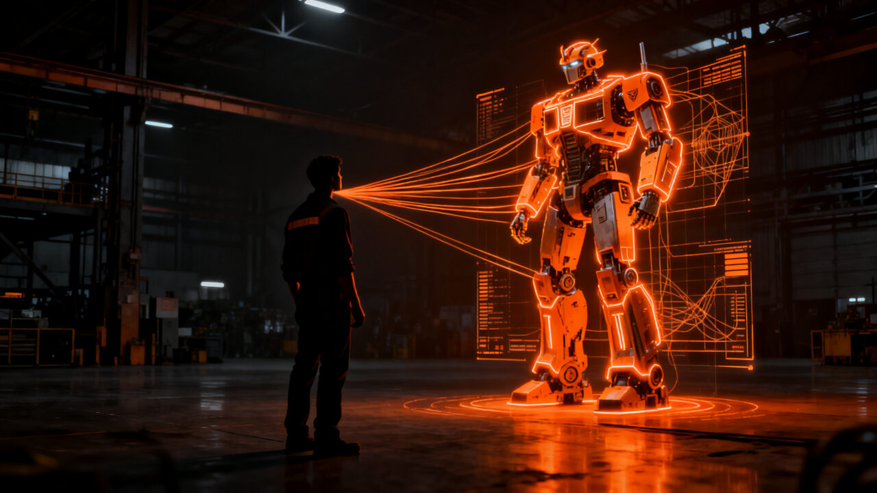 Trabajador industrial frente a un robot humanoide Optimus de Tesla, simbolizando el conflicto laboral y la automatización en la industria tecnológica.