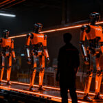 Robot humanoide Optimus V3 en línea de ensamblaje de Tesla representando los retos de la manufactura robótica e IA.