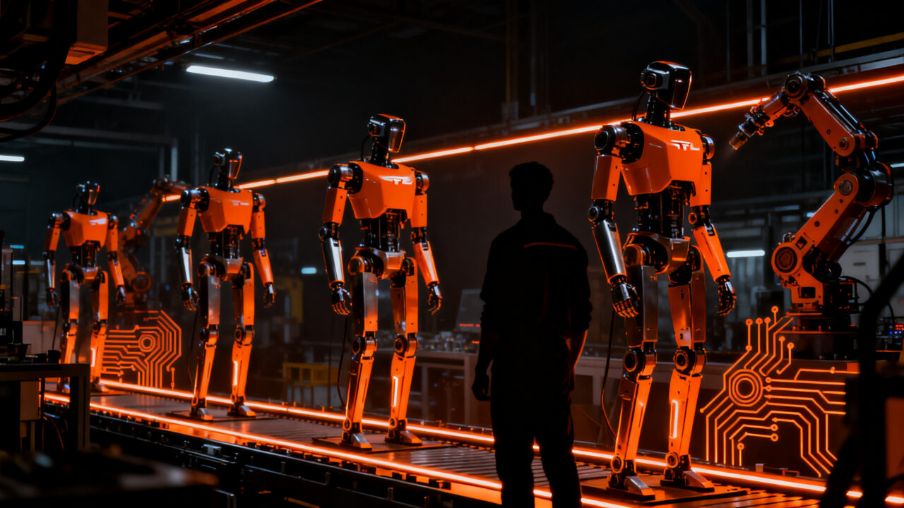 Robot humanoide Optimus V3 en línea de ensamblaje de Tesla representando los retos de la manufactura robótica e IA.