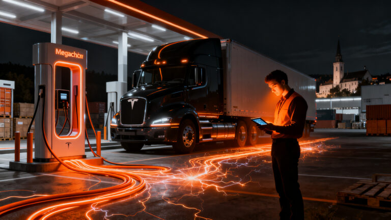Infraestructura de carga Tesla Semi en Europa, red de Megachargers para logística eléctrica y electromovilidad.