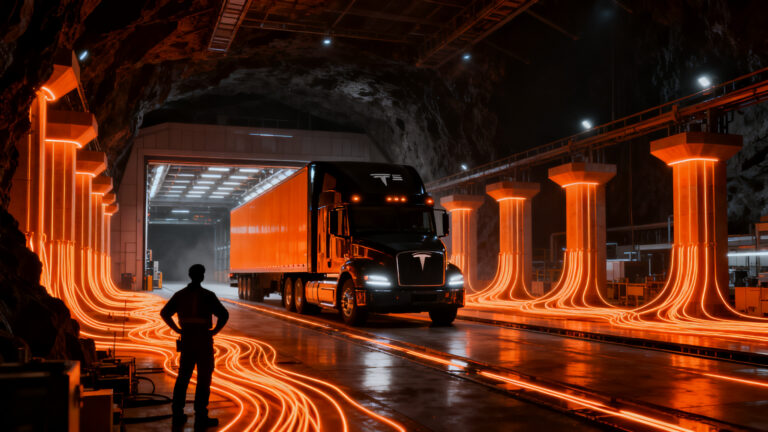 Línea de montaje de camiones Tesla Semi en fábrica de Nevada, simbolizando la electrificación de flotas y logística sostenible.