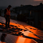 Instalador solar frente a un techo residencial oscuro, simbolizando el fin del programa Tesla Solar Roof y el riesgo operativo.