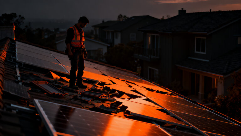 Instalador solar frente a un techo residencial oscuro, simbolizando el fin del programa Tesla Solar Roof y el riesgo operativo.