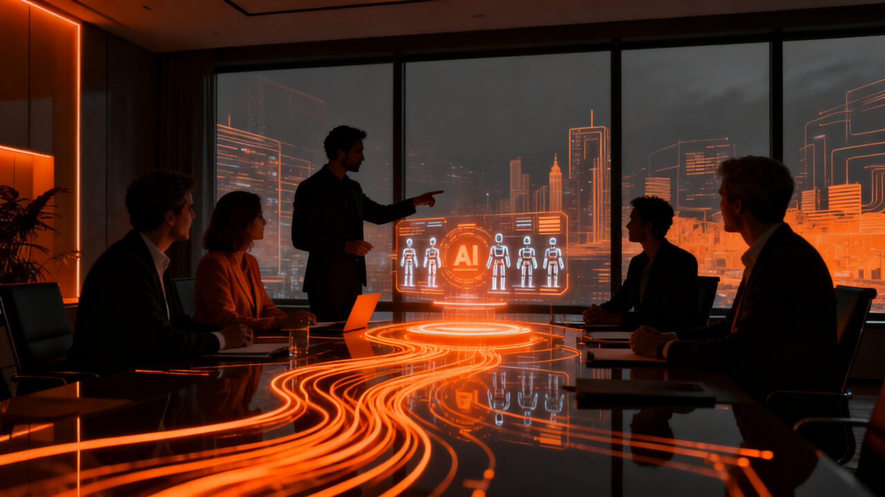 CEOs y líderes empresariales debatiendo sobre la integración estratégica de la inteligencia artificial corporativa en un entorno ejecutivo.
