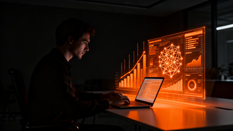 Emprendedor utilizando inteligencia artificial para gestionar su tienda online, optimizando procesos de ecommerce en LATAM.