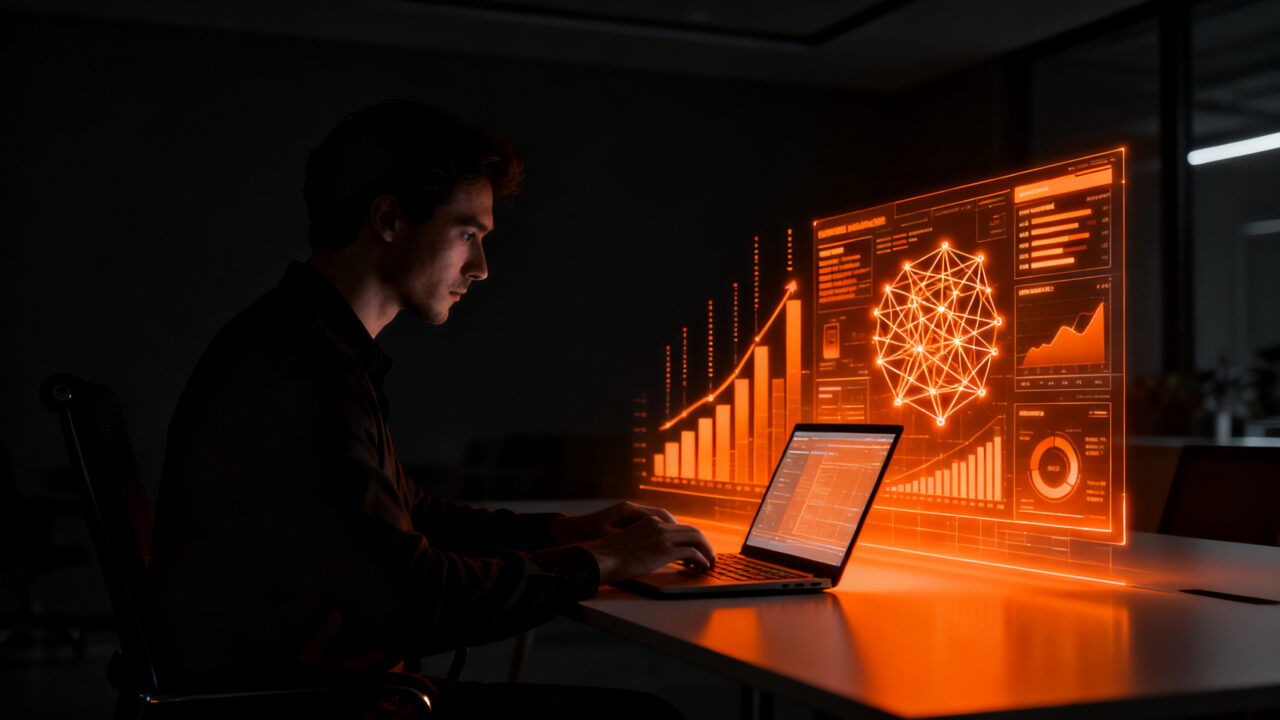 Emprendedor utilizando inteligencia artificial para gestionar su tienda online, optimizando procesos de ecommerce en LATAM.