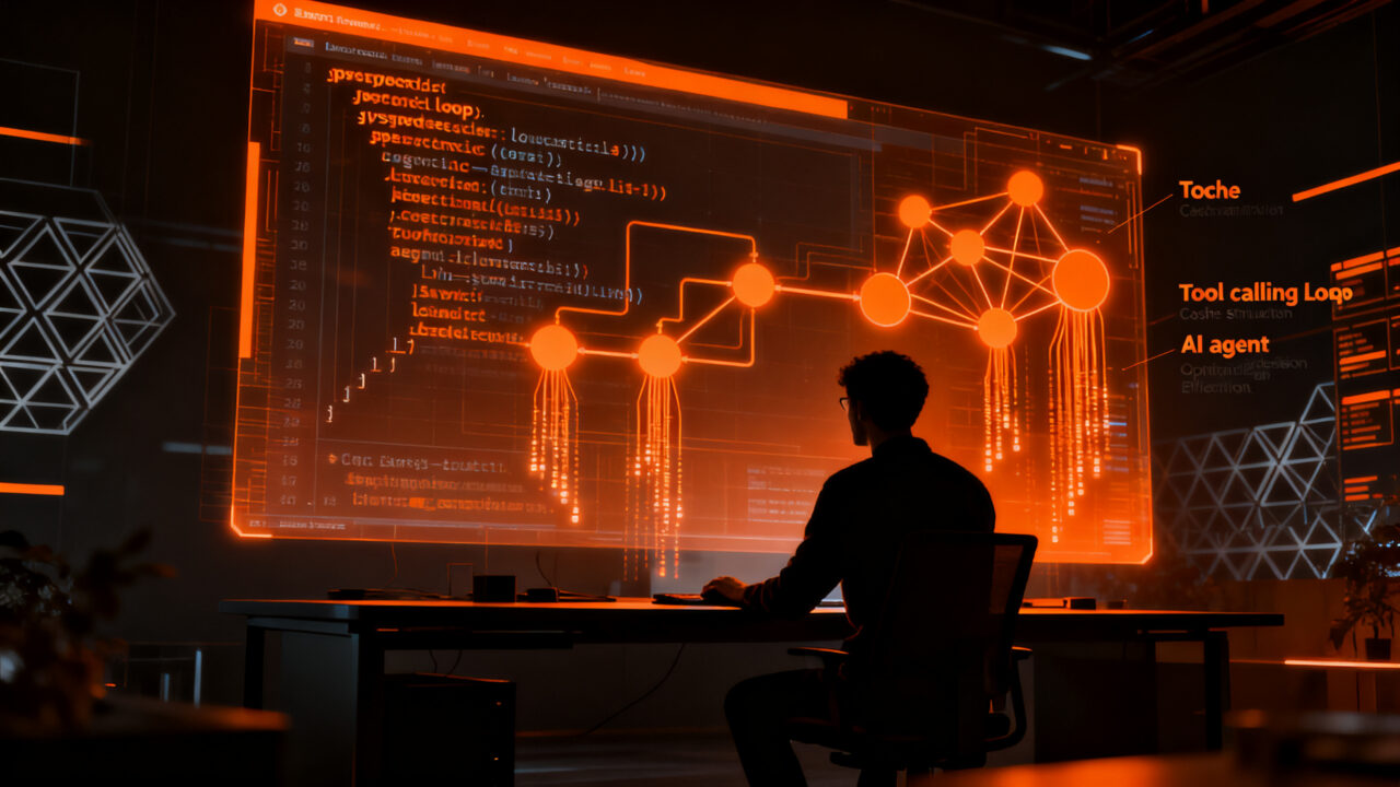Desarrollador programando un agente de IA mediante tool calling con JavaScript, optimizando costos y eficiencia.
