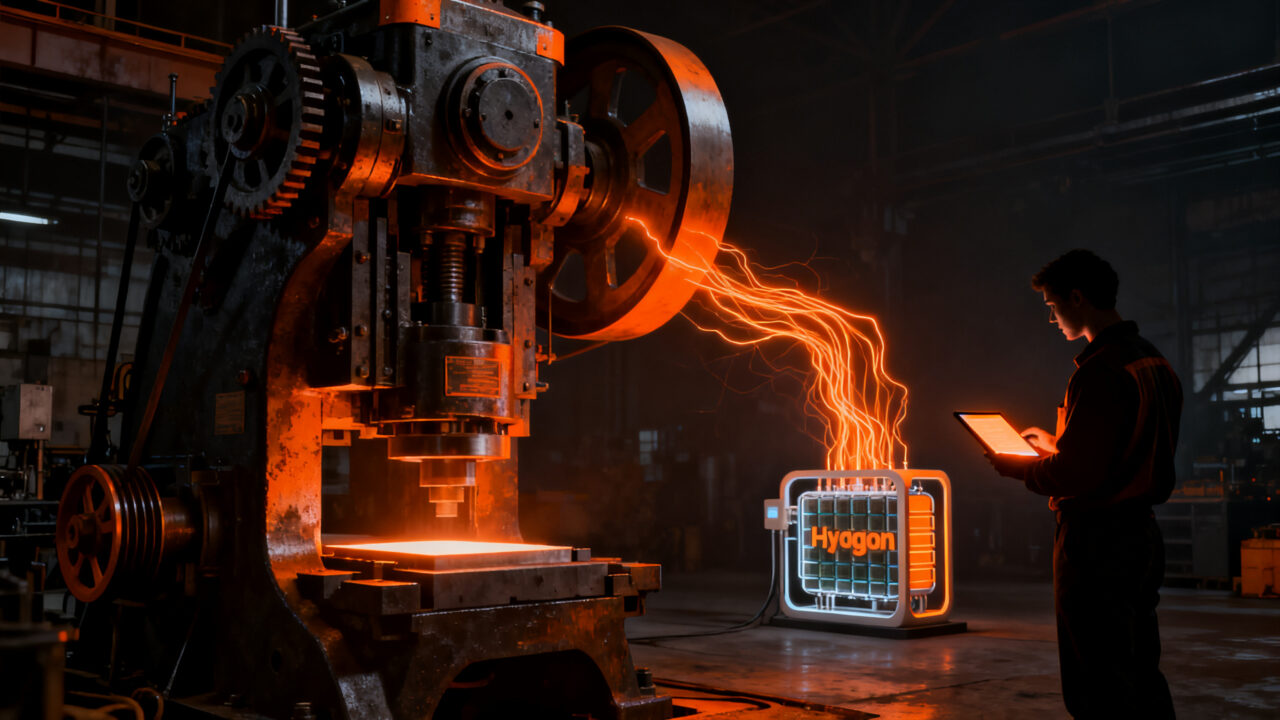 Prensa industrial histórica de Toyota restaurada para la fabricación de componentes de vehículos de hidrógeno.