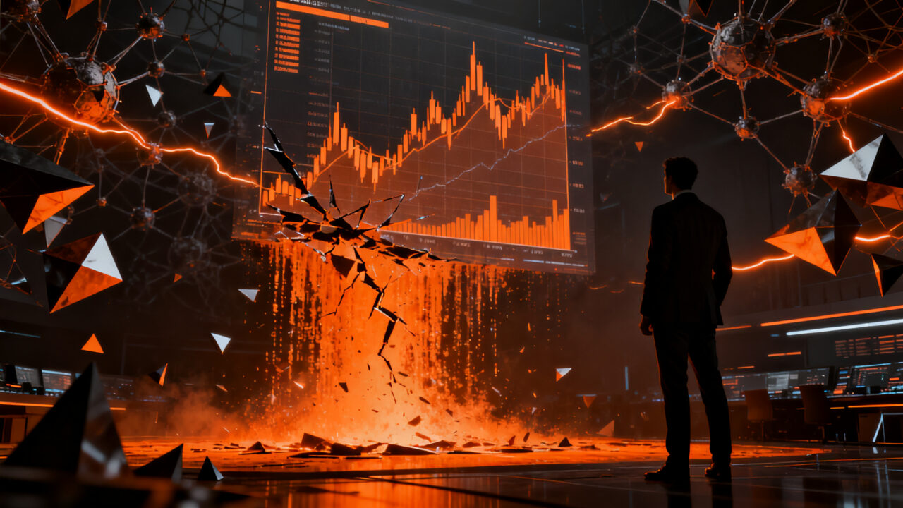 CEO de tecnología frente a una gráfica de mercado bursátil en caída, representando los riesgos de la IA y la pausa en modelos frontera.