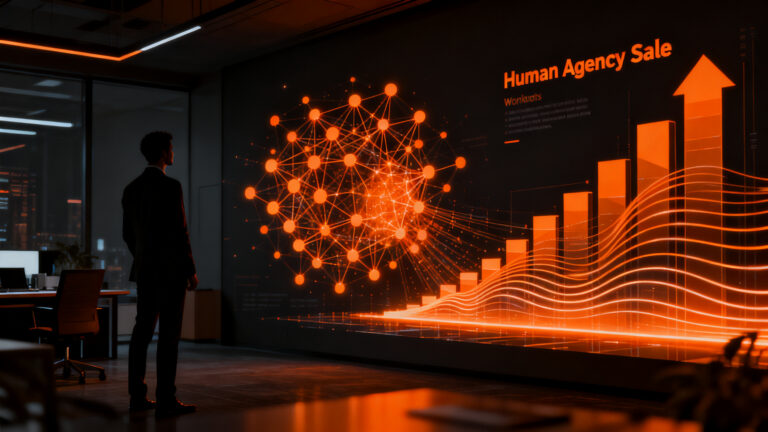 Trabajador colaborando con agentes de IA, representando la transformación laboral y el futuro del trabajo según el Stanford SALT Lab.