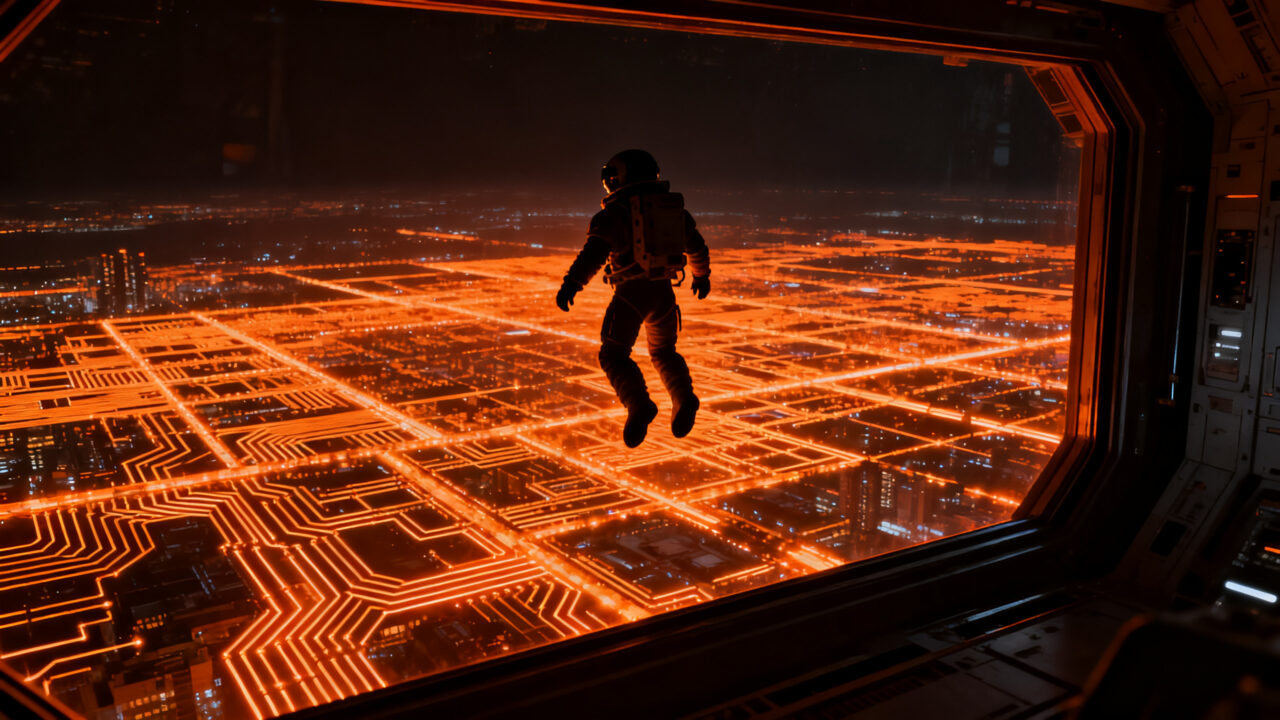 Astronauta observando la transformación de la infraestructura urbana y la tecnología LED en las ciudades desde el espacio.