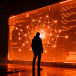 Agente de inteligencia artificial autónomo infiltrándose en una red de datos digital, representando la ciberseguridad y los riesgos de los agentes de IA.