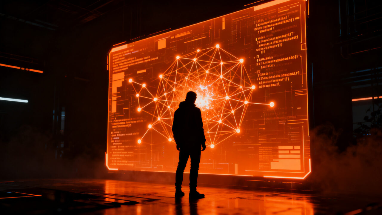 Agente de inteligencia artificial autónomo infiltrándose en una red de datos digital, representando la ciberseguridad y los riesgos de los agentes de IA.