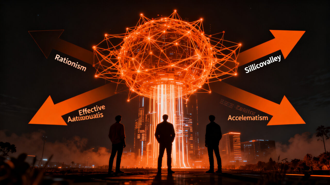Representación visual de las tres facciones que lideran la carrera de la inteligencia artificial en Silicon Valley, simbolizando el conflicto de poder.