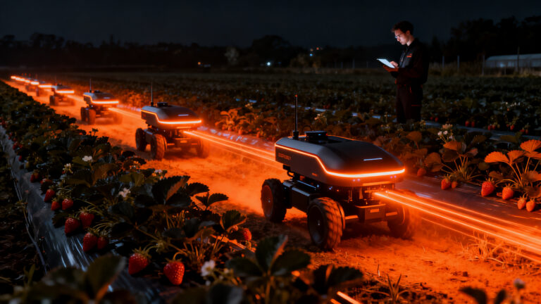 Robots autónomos UV-C operando en cultivos de frutillas bajo un modelo de agrotech RaaS en California.