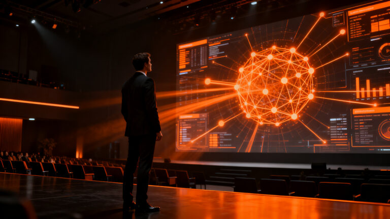 Profesionales analizando datos e inteligencia artificial en una conferencia sobre estrategia empresarial y ventaja competitiva.