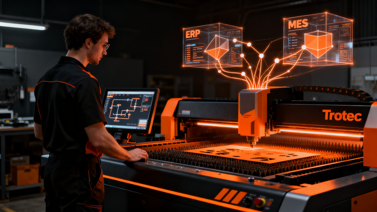 Trotec Speedy Black Line, plataforma láser industrial conectada a sistemas ERP para producción automatizada.