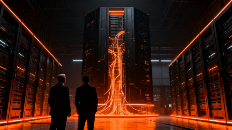 Donald Trump y Jensen Huang discutiendo el impacto y los riesgos de la inteligencia artificial en el futuro tecnológico.