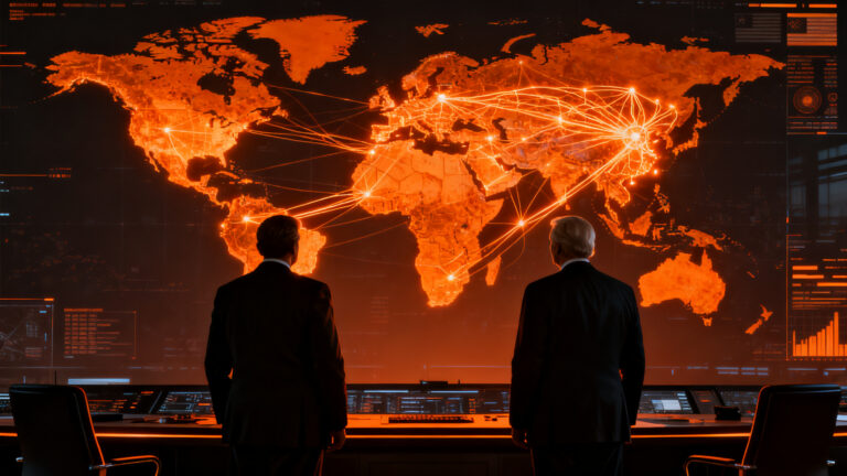 Líderes políticos debatiendo sobre la carrera tecnológica de la inteligencia artificial frente a China y la seguridad nacional.