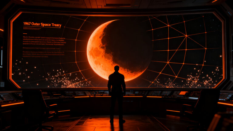 Silueta de un líder observando la Luna y el espacio, representando la disputa legal y la soberanía lunar frente al Tratado del Espacio Exterior.