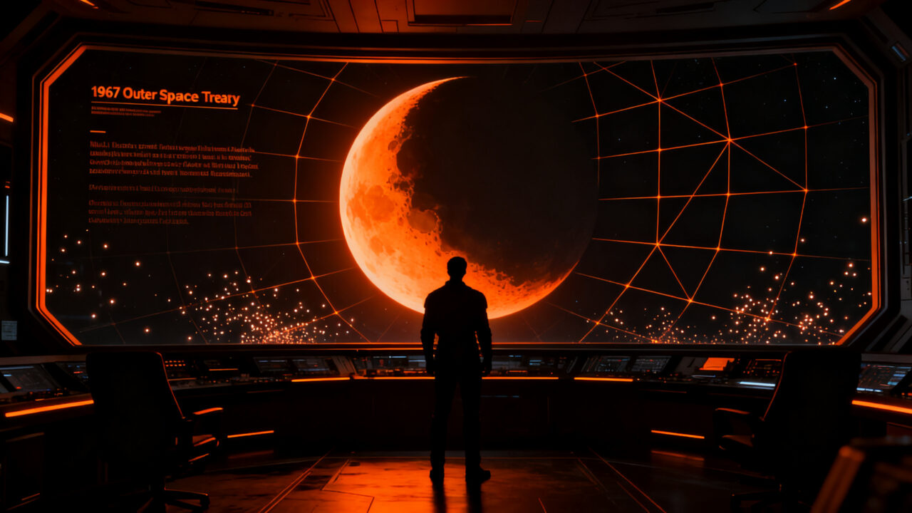 Silueta de un líder observando la Luna y el espacio, representando la disputa legal y la soberanía lunar frente al Tratado del Espacio Exterior.
