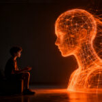 Adolescente interactuando con una interfaz de inteligencia artificial, representando la creciente intimidad artificial y los retos en la salud mental.
