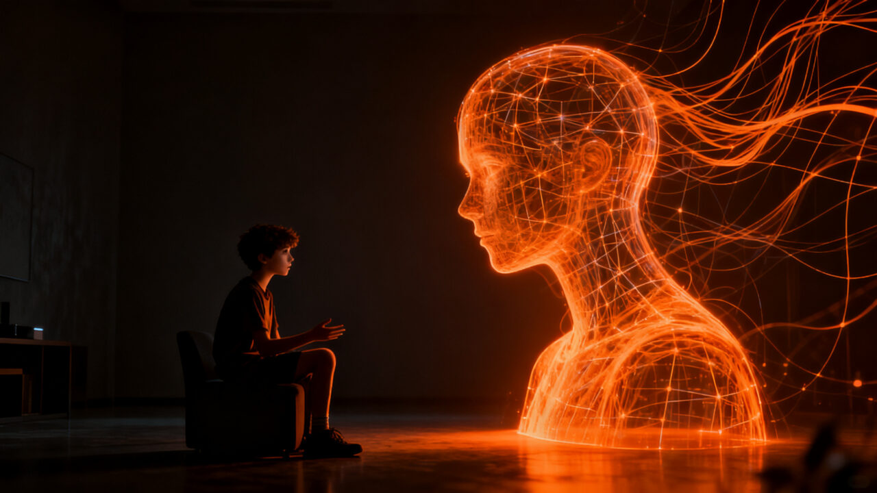 Adolescente interactuando con una interfaz de inteligencia artificial, representando la creciente intimidad artificial y los retos en la salud mental.