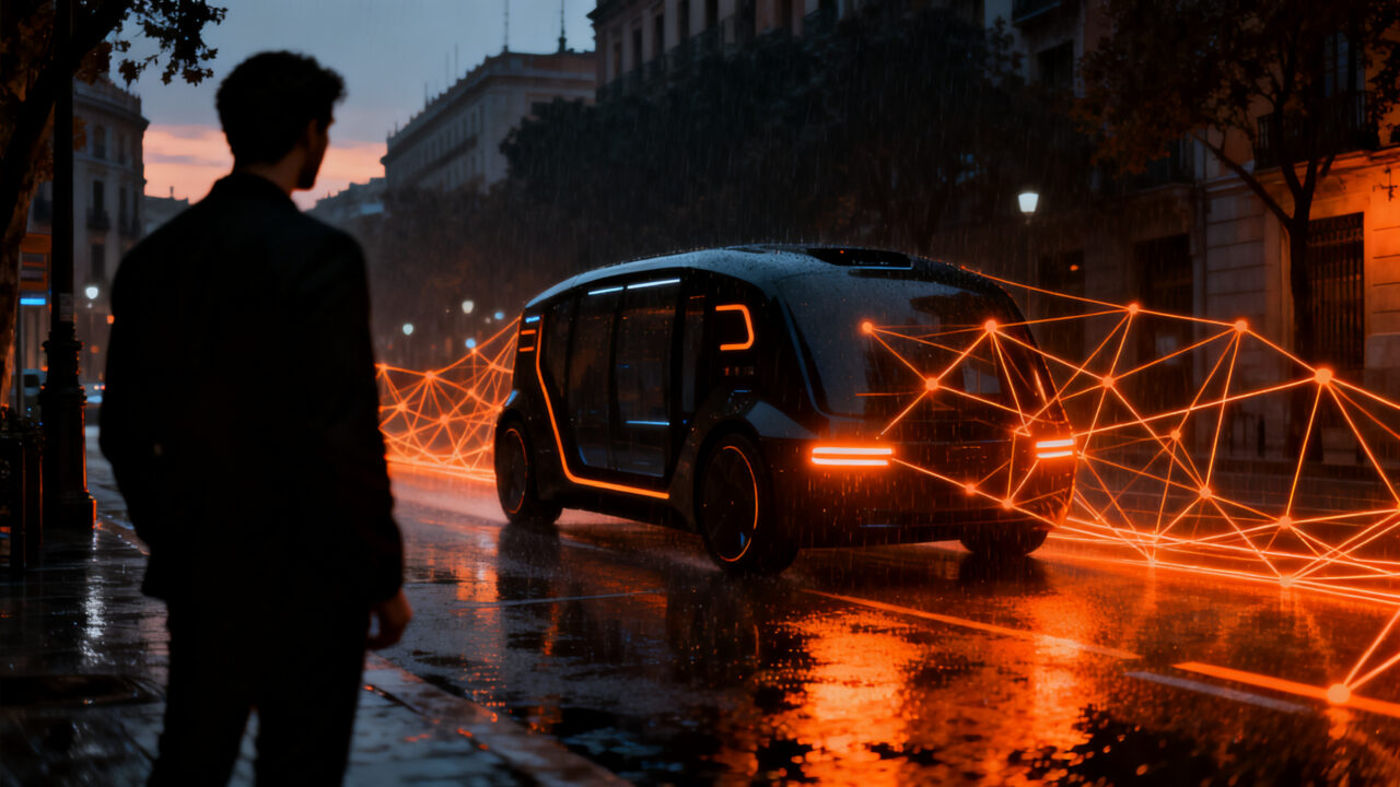 Robotaxi autónomo circulando por las calles de Madrid, representando la nueva era de la movilidad inteligente y el despliegue de vehículos Nivel 4.