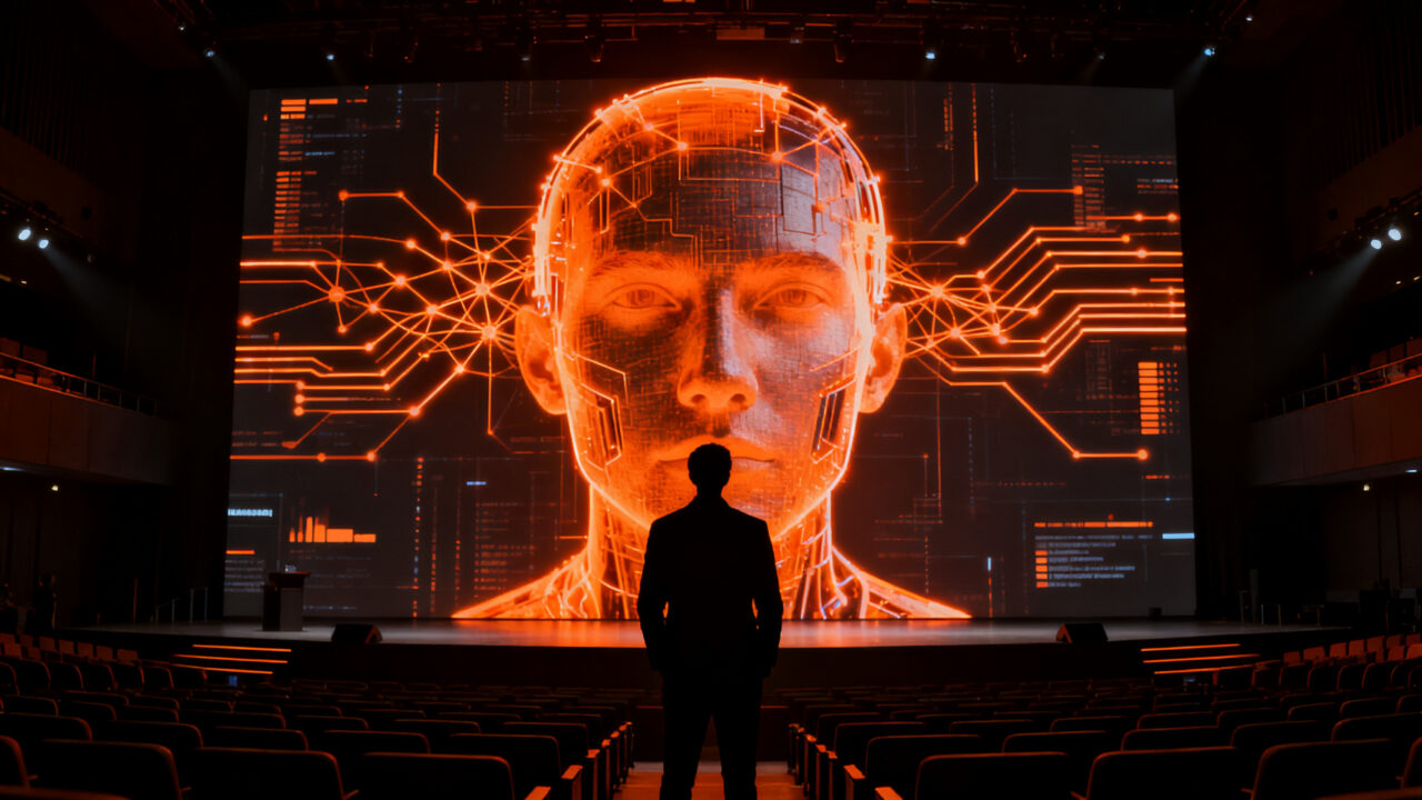 Avatar de inteligencia artificial interactuando en entorno tecnológico, representando la innovación universitaria en la Cumbre NOA.